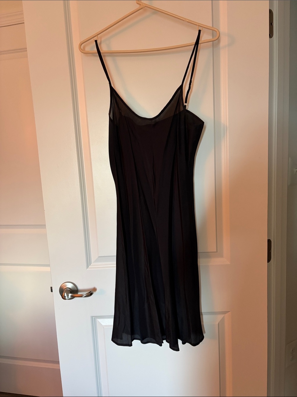 Classic Black 100% Silk Sheer-Trim Slip Dress with Spaghetti Straps